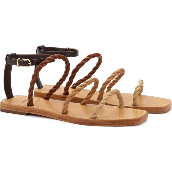 Larroude Santorini Twist Strap Flat Sandals Size 7 Brown Beige Leather NEW - Picture 2 of 16